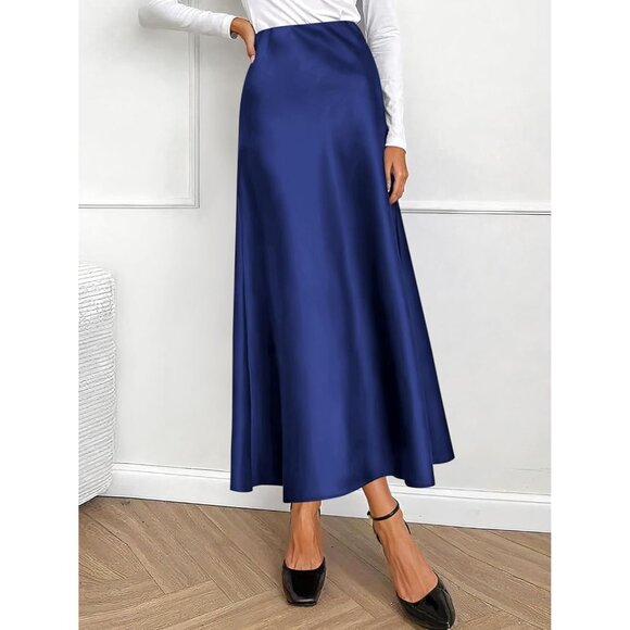 Women Navy Blue Maxi Dressy Casual Zipped High Waisted Silk Elegant Long Skirt - Picture 7 of 7